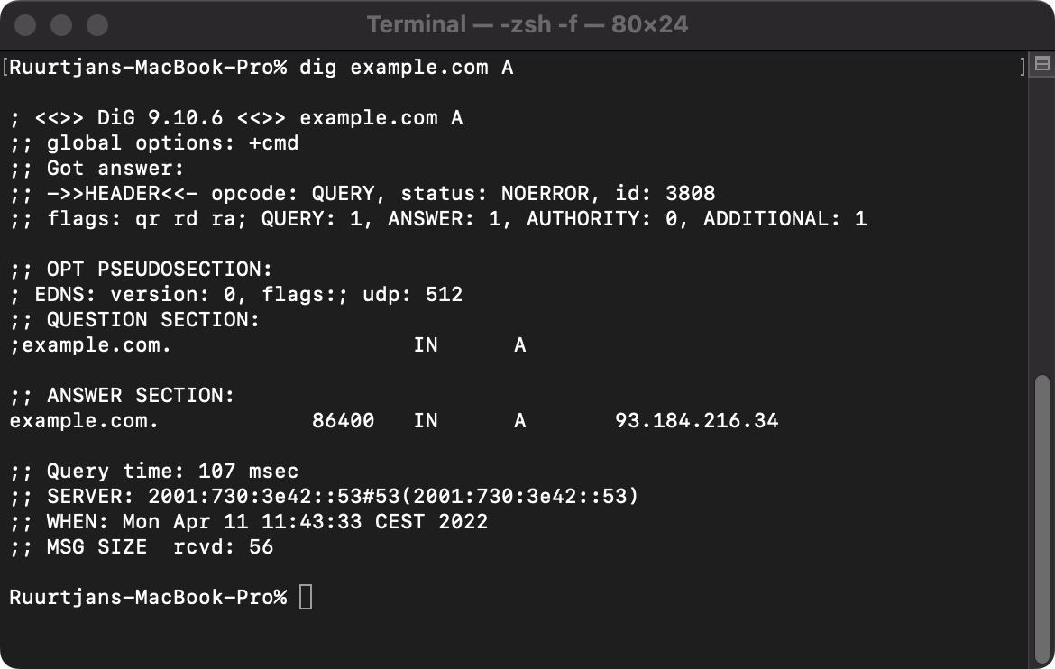 Example output of a A lookup query