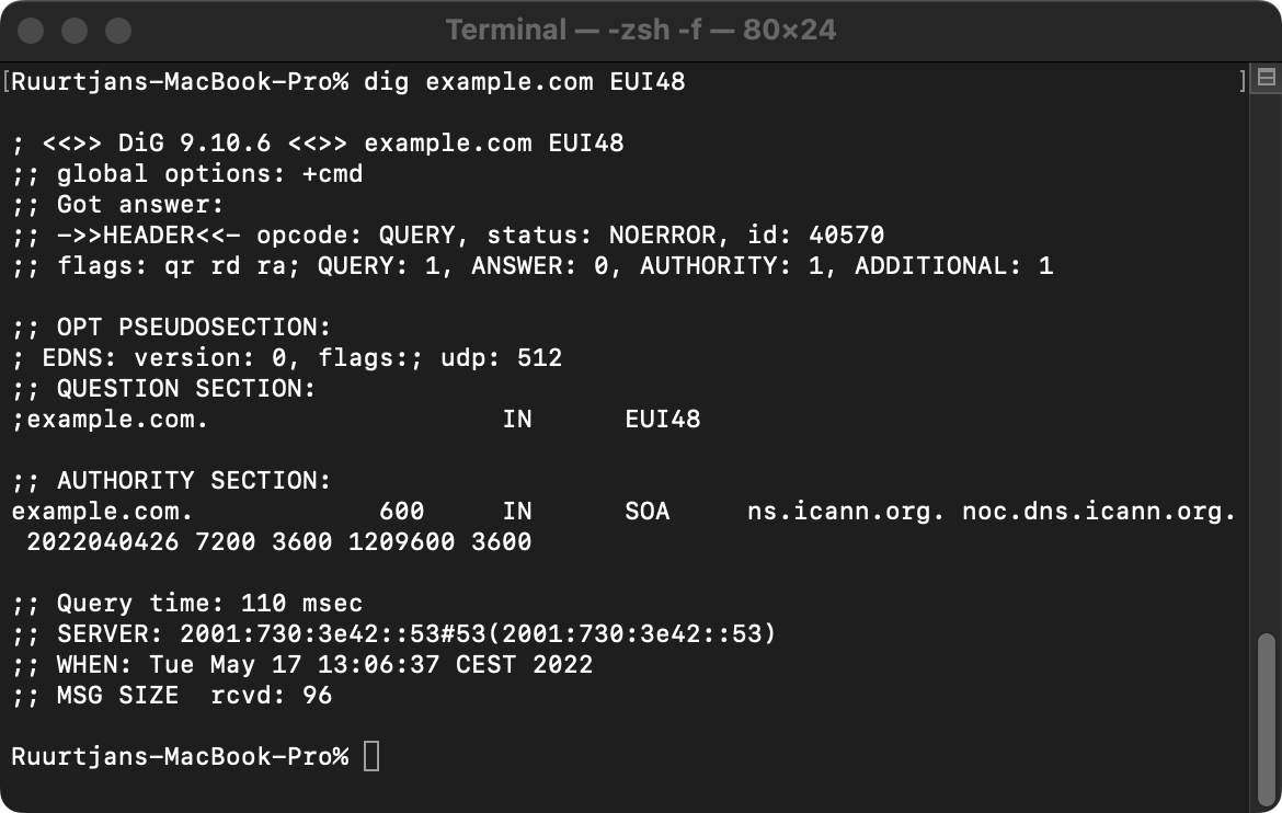 Example output of a EUI48 lookup query