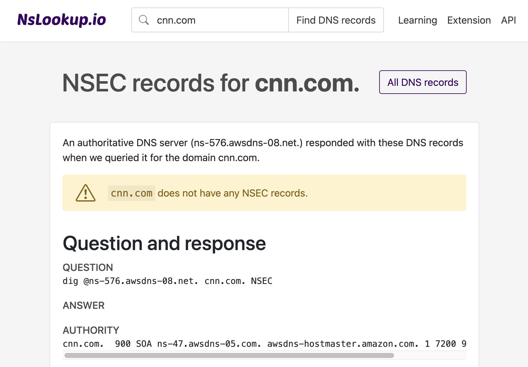 Example DNS NSEC records