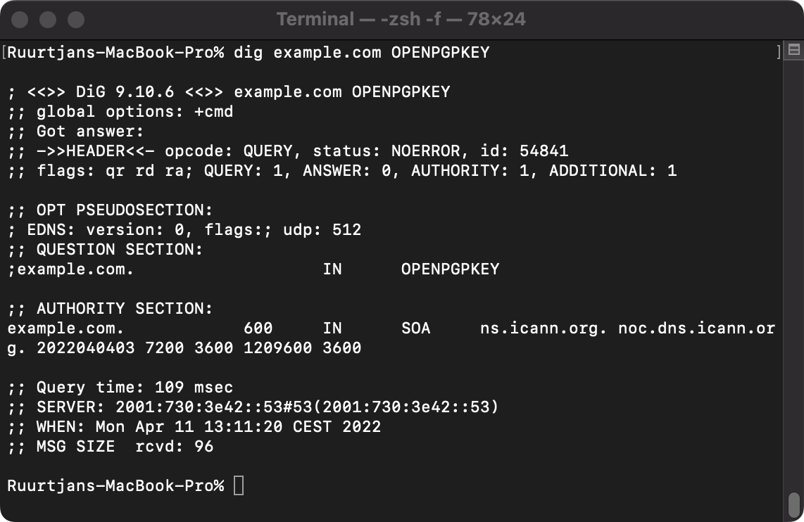 Example output of a OPENPGPKEY lookup query