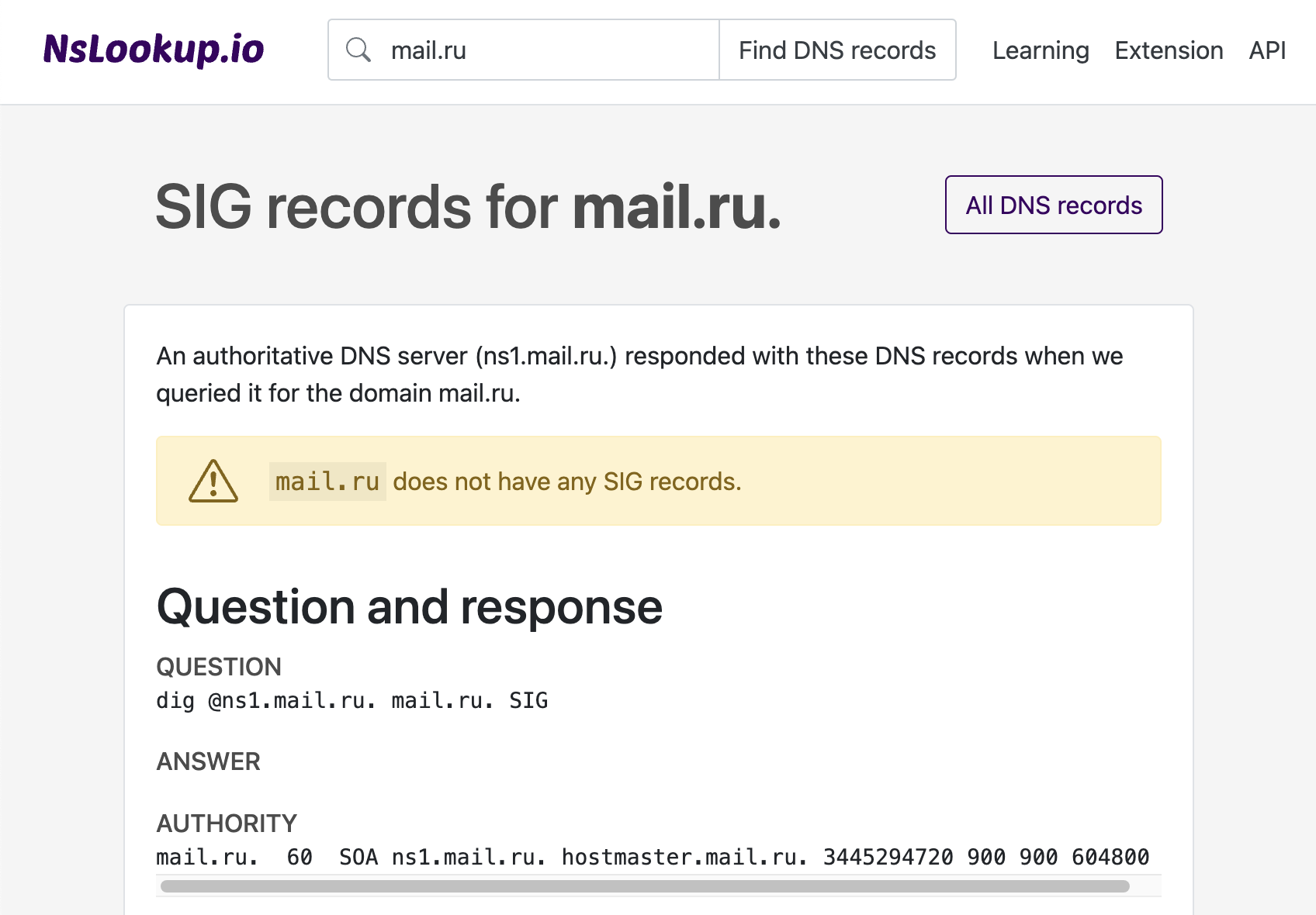 Example DNS SIG records